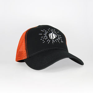 Halesite Habanero Embroidered Bio-washed Trucker Cap, Black/Orange, Adjustable Velcro Back