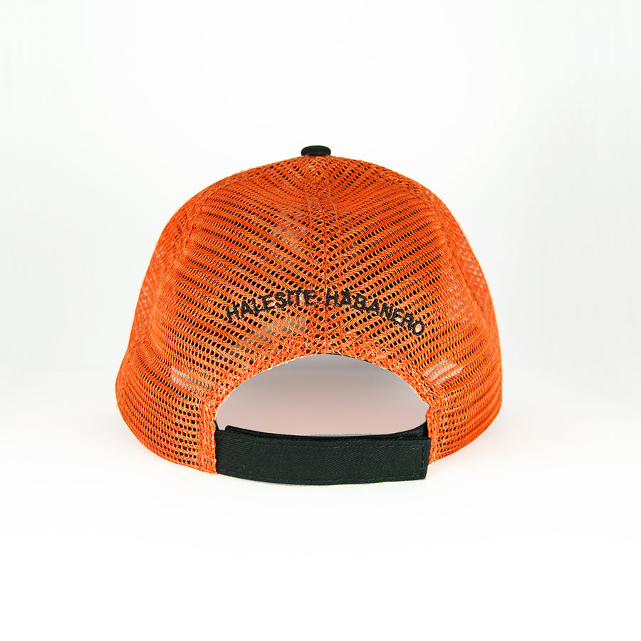 Halesite Habanero Embroidered Bio-washed Trucker Cap, Black/Orange, Adjustable Velcro Back